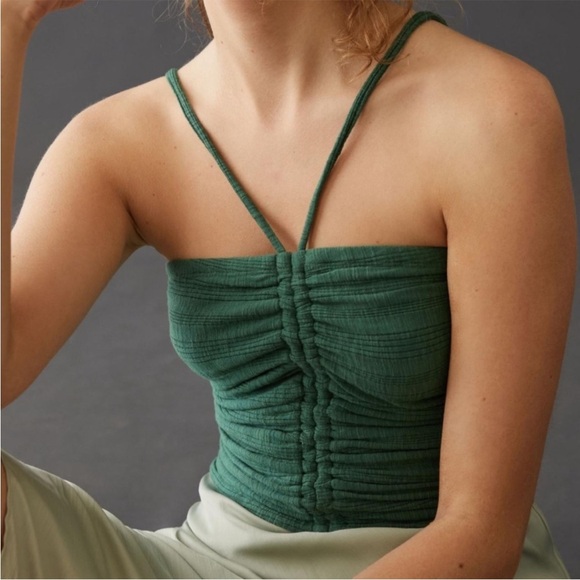 Anthropologie Tops - ANTHROPOLOGIE PILCRO TANK TOP XL Green RUCHED RIBBED HALTER BLOUSE